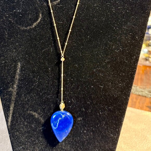 Gold tone Lariat Necklace set with huge genuine lapis lazuli pendant 17" + 4" - Picture 2 of 7